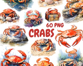 Watercolor Crabs Clipart Bundle, Ocean Animal Clipart, Crab Illustrations, Transparent PNG Graphics, Commercial Use