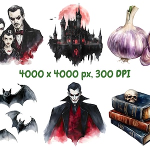 Puede incluir: Una ilustraci&oacute;n de acuarela de una escena de Halloween espeluznante con un vampiro, un murci&eacute;lago, un castillo, ajo y una pila de libros antiguos. El vampiro lleva un traje negro y una corbata roja. El murci&eacute;lago est&aacute; volando en el aire. El castillo es oscuro y misterioso. El ajo es morado y tiene un tallo verde. Los libros son viejos y tienen cubiertas de cuero.