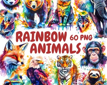Watercolor Rainbow Animals Clipart Bundle, Colorful Animals Clipart, Animal Illustrations, Transparent PNG Graphics, Commercial Use