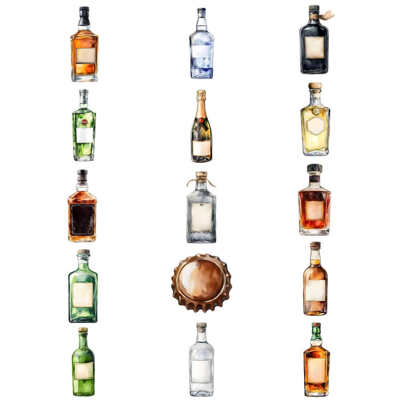 May include: A collection of 15 watercolor illustrations of various bottles of alcohol, including whiskey, gin, vodka, wine, and champagne. A single bottle cap is also included in the illustration.