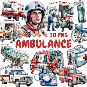 Aquarell Krankenwagen Clipart Bundle, Notfallfahrzeug Clipart, medizinische Illustrationen, transparente PNG-Grafik, kommerzielle Nutzung
