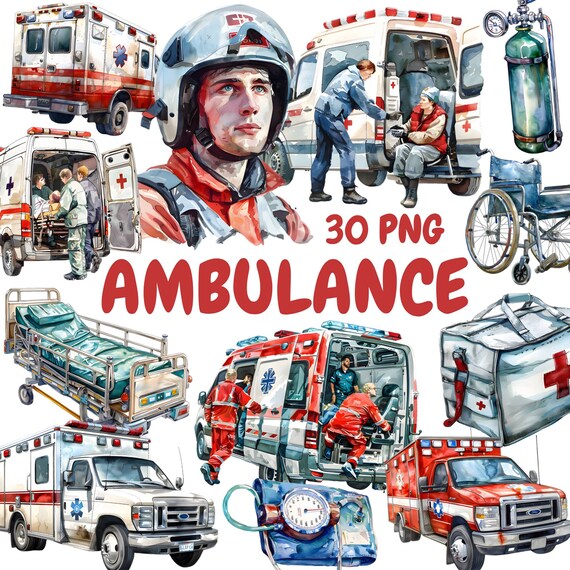 Watercolor Ambulance Clipart Bundle, Emergency Vehicle Clipart, Medical Illustrations, Transparent PNG Graphics, Commercial Use