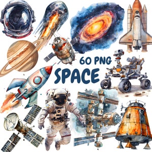 Pacchetto di clipart spaziali ad acquerello, clipart di pianeti galattici, illustrazioni di astronauti, grafica PNG trasparente, uso commerciale