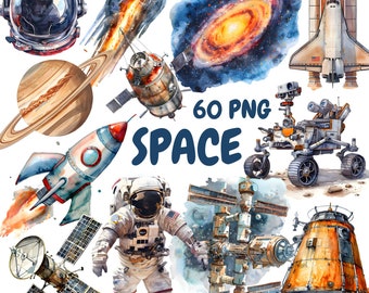 Aquarell Weltraum Clipart Bundle, Galaxie Planeten Clipart, Astronaut Illustrationen, transparente PNG Grafiken, kommerzielle Nutzung