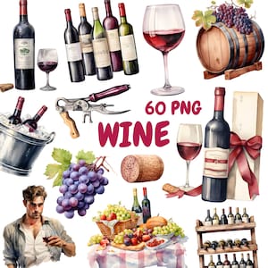 Watercolor Wine Clipart Bundle, Wine Bottle Clipart, Alcohol Illustrations, Transparent PNG Graphics, Commercial Use