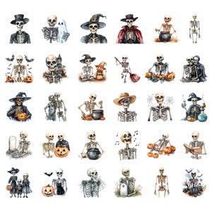 Peut inclure: Un ensemble de 36 illustrations &agrave; l'aquarelle repr&eacute;sentant des squelettes dans diff&eacute;rentes poses et situations. Les squelettes sont repr&eacute;sent&eacute;s de mani&egrave;re fantaisiste et festive, souvent en train de tenir des citrouilles, des bonbons ou d'autres objets sur le th&egrave;me d'Halloween. Les illustrations sont parfaites pour ajouter une touche de fun effrayant &agrave; n'importe quel projet.