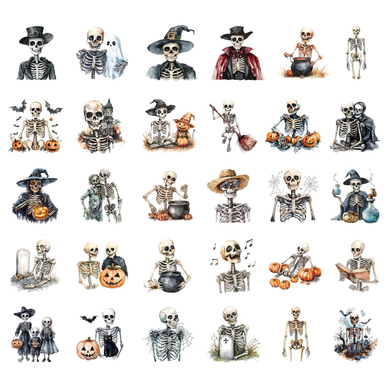 Peut inclure: Un ensemble de 36 illustrations &agrave; l'aquarelle repr&eacute;sentant des squelettes dans diff&eacute;rentes poses et situations. Les squelettes sont repr&eacute;sent&eacute;s de mani&egrave;re fantaisiste et festive, souvent en train de tenir des citrouilles, des bonbons ou d'autres objets sur le th&egrave;me d'Halloween. Les illustrations sont parfaites pour ajouter une touche de fun effrayant &agrave; n'importe quel projet.