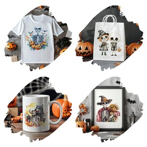 Peut inclure: Un ensemble de produits sur le th&egrave;me d'Halloween comprenant un t-shirt blanc avec un squelette et des citrouilles, un sac fourre-tout blanc avec un squelette et une sorci&egrave;re, une tasse blanche avec un squelette et un loup, et une impression encadr&eacute;e avec un squelette et un &eacute;pouvantail.