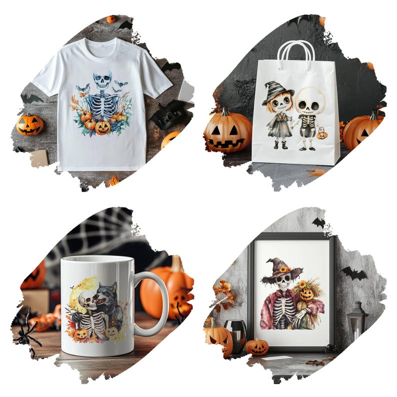 Peut inclure: Un ensemble de produits sur le th&egrave;me d'Halloween comprenant un t-shirt blanc avec un squelette et des citrouilles, un sac fourre-tout blanc avec un squelette et une sorci&egrave;re, une tasse blanche avec un squelette et un loup, et une impression encadr&eacute;e avec un squelette et un &eacute;pouvantail.