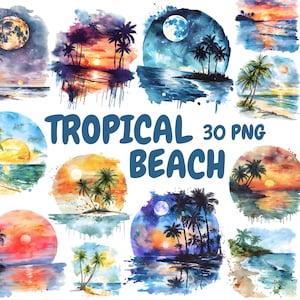 Watercolor Tropical Beach Clipart Bundle, Tropical Sunset Clipart, Vacation Illustrations, Transparent PNG Graphics, Commercial Use