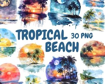 Watercolor Tropical Beach Clipart Bundle, Tropical Sunset Clipart, Vacation Illustrations, Transparent PNG Graphics, Commercial Use
