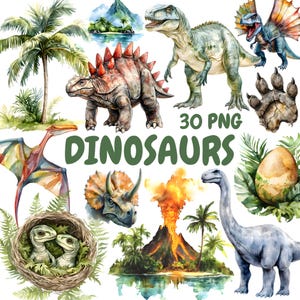 Paquete de imágenes prediseñadas de dinosaurios en acuarela, imágenes prediseñadas de dinosaurios jurásicos, ilustraciones prehistóricas, gráficos PNG transparentes, uso comercial