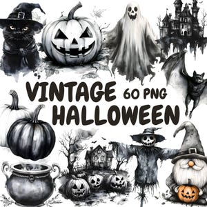 Watercolor Vintage Halloween Clipart Bundle, Creepy Halloween Clipart, Retro Halloween Graphics, Instant Digital Download For Commercial Use