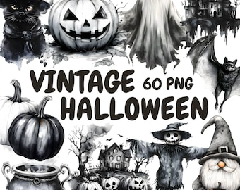 Watercolor Vintage Halloween Clipart Bundle, Creepy Halloween Clipart, Retro Halloween Graphics, Instant Digital Download For Commercial Use