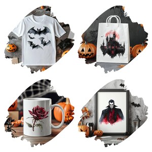 Puede incluir: Cuatro productos con tem&aacute;tica de Halloween: una camiseta blanca con murci&eacute;lagos negros, una taza blanca con una rosa roja, una bolsa de papel blanca con un castillo negro y un marco negro con una ilustraci&oacute;n de acuarela de un vampiro.