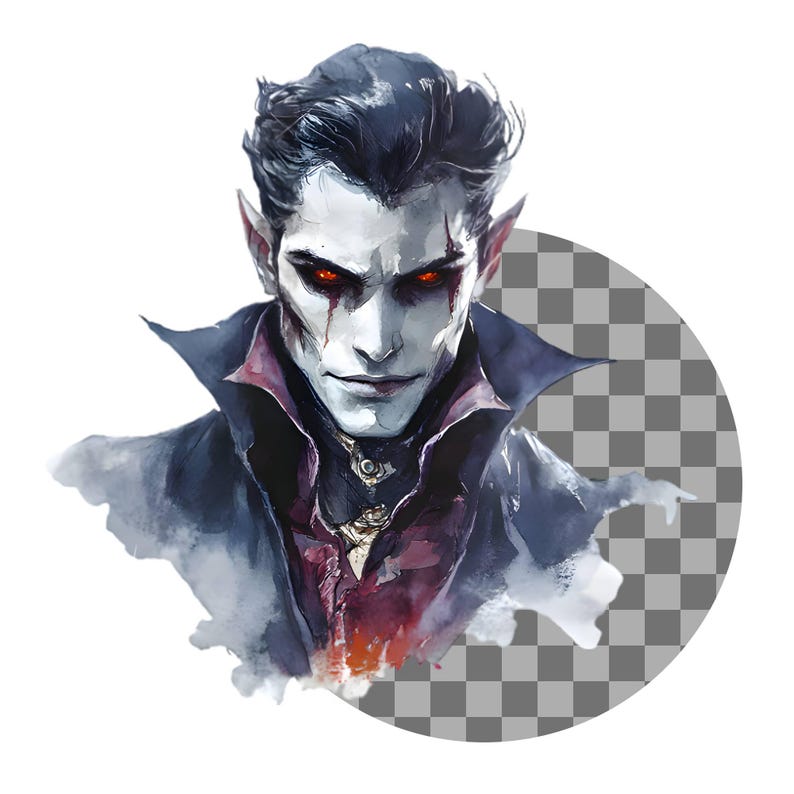 Puede incluir: Un retrato de un vampiro con piel p&aacute;lida, cabello oscuro y ojos rojos. Lleva un traje oscuro con una camisa roja y un cuello negro. El fondo es un patr&oacute;n de cuadros.