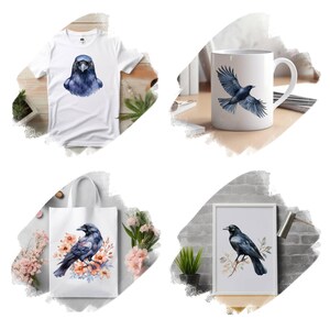 May include: A set of four products featuring watercolour illustrations of crows. The set includes a white t-shirt, a white tote bag, a white mug, and a white framed print. The crow illustrations are in shades of blue and black.
