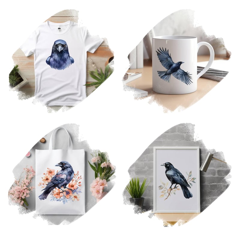 May include: A set of four products featuring watercolour illustrations of crows. The set includes a white t-shirt, a white tote bag, a white mug, and a white framed print. The crow illustrations are in shades of blue and black.
