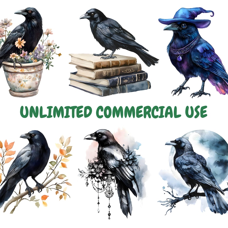 May include: A set of ten watercolour illustrations of crows in various poses. The crows are depicted in different settings, including a stack of books, a flower pot, a branch, and a moonlit sky. The illustrations are in a whimsical style and feature vibrant colours.