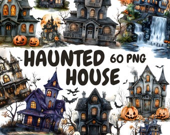 Bundle de cliparts aquarelle maison hantée, clipart maison d'Halloween, graphismes du manoir hanté, téléchargement numérique instantané pour un usage commercial