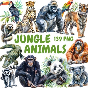 May include: Watercolor illustrations of various jungle animals, including a gorilla, tiger, cheetah, orangutan, panda, lemur, sloth, toucan, crocodile, chimpanzee, koala, and parrot. The animals are depicted in a realistic style with vibrant colors and intricate details. The text "JUNGLE 139 PNG ANIMALS" is displayed at the bottom of the image.