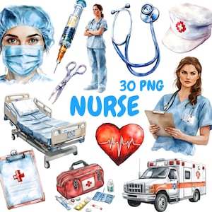 May include: Watercolor illustrations of medical items and personnel, including a nurse, stethoscope, syringe, medical bed, and ambulance. The word "NURSE" is written in large blue letters. A red heart with a heartbeat line is also featured.