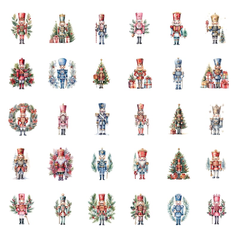 May include: A collection of 25 watercolour illustrations of nutcracker soldiers in various poses and settings. The nutcrackers are depicted in traditional red, blue, and gold colours, with some wearing hats and holding weapons. The illustrations are set against a white background.