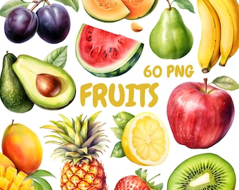 Aquarell Früchte Clipart Bundle, Sommer Essen Clipart, Erdbeer Illustrationen, transparente PNG Grafiken, kommerzielle Nutzung