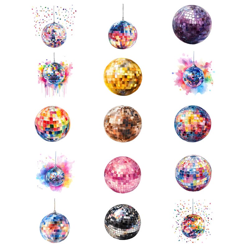 Watercolor Disco Balls Clipart Bundle, Party Lights Clipart, Dance