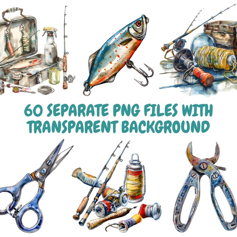 May include: Watercolor illustration of fishing equipment, including a fishing rod, reel, lures, pliers, scissors, and a tackle box. The illustration is in a vintage style and features a variety of colors, including blue, green, red, and yellow.