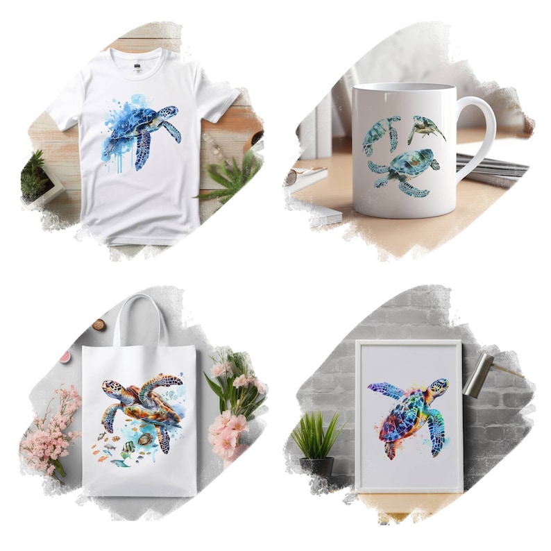 May include: A set of four products featuring watercolor illustrations of sea turtles. The set includes a white t-shirt, a white tote bag, a white coffee mug, and a framed print. All products feature a blue and green watercolor design of a sea turtle.