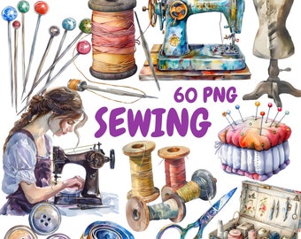 Watercolor Sewing Clipart Bundle, Sewing Machine Clipart, Quilting Illustrations, Transparent PNG Graphics, Commercial Use
