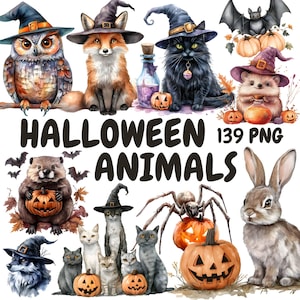 Watercolor Halloween Animals Clipart Bundle, Witch Animal Clipart, Spooky Animal Graphics, Instant Digital Download For Commercial Use