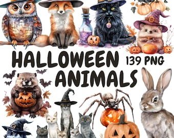 Watercolor Halloween Animals Clipart Bundle, Witch Animal Clipart, Spooky Animal Graphics, Instant Digital Download For Commercial Use