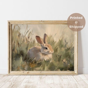 Impressionist Art Rustic Easter Decor Printed Art, Easter Bunny Rabbit Vintage Painting, Light Academia Moody Oil Painting Spring Wall Art