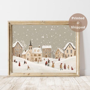 Arte mural navideño vintage con estampado de pueblo, paisaje nevado de invierno, decoración de pueblo vacacional, impresión invernal