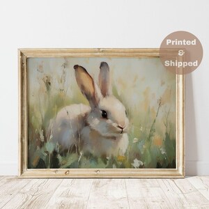 Vintage Easter Bunny Rabbit Oil Painting, impressionist art Rustic Easter Decor Printed wall art, muted art print neutral aesthetic