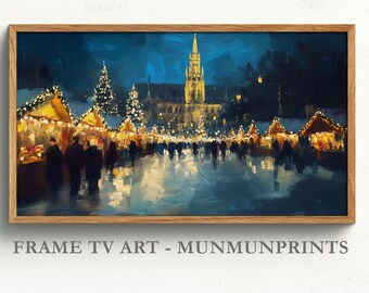 Vintage Winter Town Night Frame Tv Art, Christmas Frame Tv Screensaver, Holiday Winter Village Landscape Painting, Christmas Market Vienna