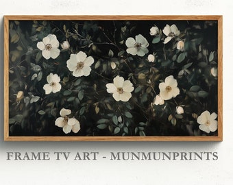 Flower Painting Frame TV Art, Antique Dark Green White Wildflower Screensaver, Earthy Organic Floral Vintage Botanical Spring Decor