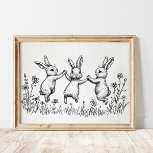 Vintage Easter Bunny Pencil Sketch Print, Dancing Easter Rabbits Sketch, Neutral Nursery Printable wall art, Antique Easter Rabbit Wall Art