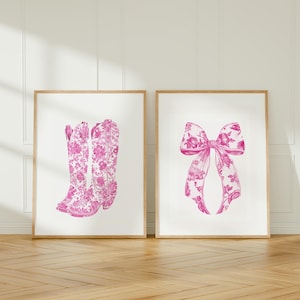 Arte de pared con estampado de botas de vaquero rosas, bonito estampado de lazo coqueto, póster de arte de pared minimalista de vaquera sureña, juego de 2 bonitos artículos decorativos para apartamento