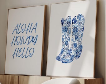 Blue Cowboy Boots Print Wall Art, Aloha Howdy Print Coastal Cowgirl Decor Western Wall Art Blue Text Poster, Minimalist Cowgirl Wall Art