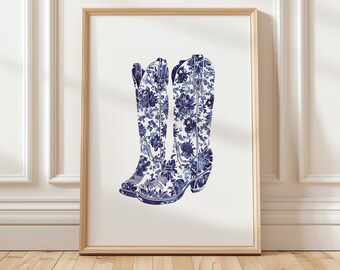Blue Chinoiserie Cowboy Boots Print Blue Cowboy Boots Wall Art ...