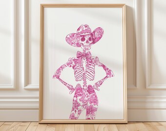 Impresión digital de esqueleto de vaquero para Halloween, arte de pared, decoración de Pinkoween de vaquero, decoración retro imprimible de Halloween para el hogar, sombrero de vaquero sobre esqueleto
