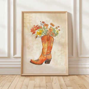 Estampado de botas vaqueras con flores naranjas para decoración de habitación coqueta / Impresión artística de flores de acuarela / Hola, chica de decoración bohemia colorida botánica