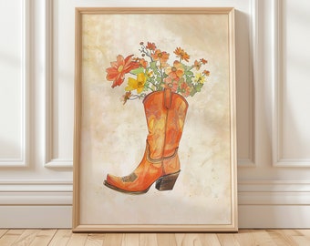 Orange Floral Cowboy Boots Print for Coquette room decor | Watercolor Flowers Art Print | Howdy Boho Decor Girl Colorful Botanical