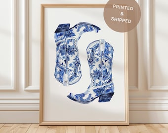 Blue Cowboy Boots Print | Blue Vintage Western Cowgirl Boots Wall Art | Minimalist Southern Wall Art Poster with Chinoiserie Floral Patterns