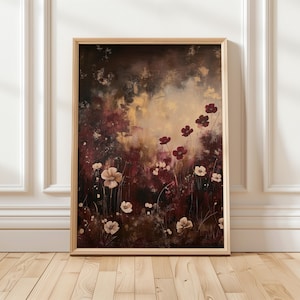 Stimmungsvolle Vintage Blumen Malerei, druckbare Wandkunst, dunkle rustikale Wildblumen Malerei, Burgunder Blumen botanisches abstraktes Frühlingsplakat