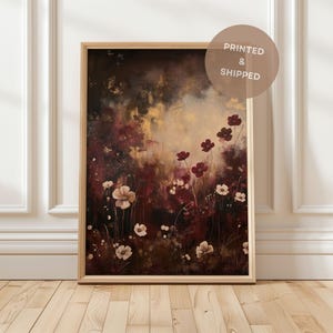 Moody Vintage Flowers Painting, Printed Wall Art, Dark Rustic Wildflowers Painting, Burgundy Floral Botanical Abstract Spring Poster