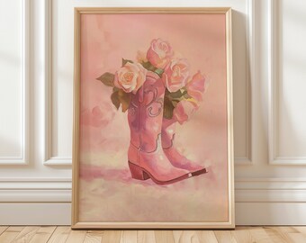 Rosa cowboystövlar-tryck | Rosa cowgirl-väggkonst Rosa stövlar-målning Väggkonst | Nedladdningsbara tryck Cowgirl Rosa rosor Western-konsttryck
